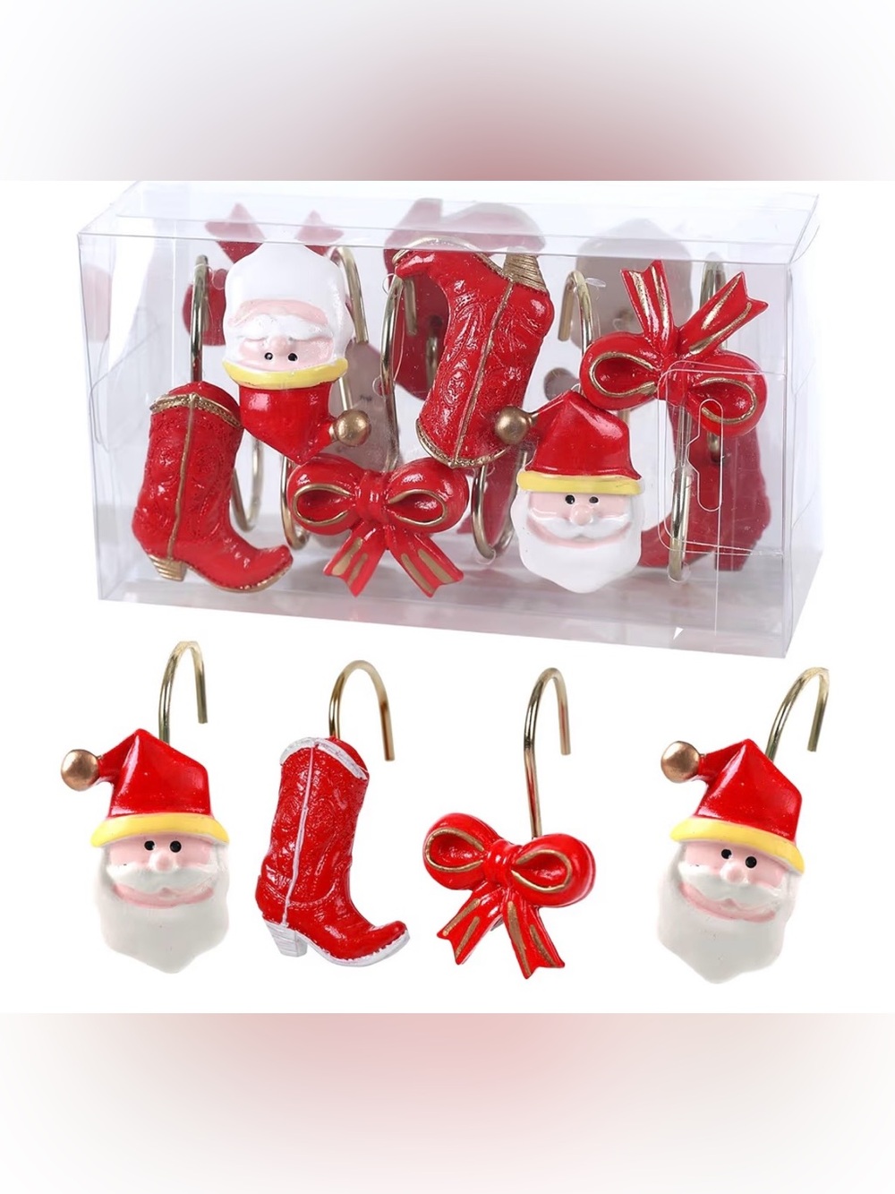 Festive Red Santa & Stocking Shower Curtain Hooks - Holiday Set